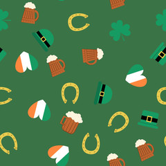 Seamless pattern for Saint Patrick s Day. Seamless pattern for Saint Patrick s Day. Leprechaun s hat, horseshoe, beer and heart in irish flag colors. Background for web or wrapping