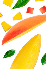 Mango Pattern.  Creative layout made of Mango fruit  slices  isolated on white background close-up. Top view. Flat lay.