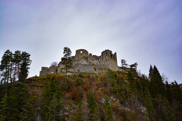 Fototapeta na wymiar Reutte, Tyrol, Austria - Dezember 28, 2018: Ehrenberg Castle Ruins. Founded in 1296, this was the most famous place of knights and kings