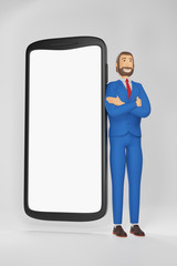 Cartoon character, businessman stand with a telephone. Businessman in a suit with a smile on his face. 3D rendering