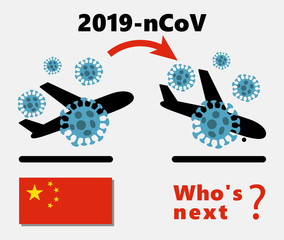 MERS-Cov , Novel coronavirus (2019-nCoV),  icon of departure of coronavirus-charged plane from China and arriving in UK. pandemic concept of international contamination with biologically weapons