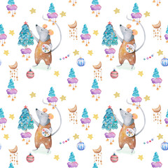 Watercolor Merry Christmas seamless patterns with christmas sprunce tree and rat and house, holiday cute baby mouse animals. Christmas tree celebration paper. Winter new year design