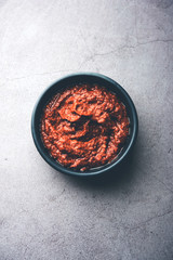 Homemade Tandoori Paste or Marinade mixture, in a bowl. used for grilled chicken or Paneer or vegetable. selective focus
