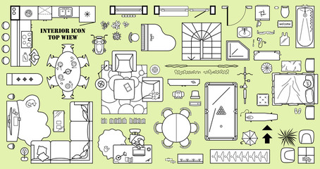 Floor plan icon set in top view for interior design.  Architecture plan with furniture View from above. The layout of the apartment, kitchen, living room and bedroom. Vector  © Юрий Парменов