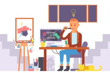 Artist working in studio, vector illustration. Cartoon character designer, creative man generating ideas. Inspiring workspace with easel and computer, freelancer art studio, creative thinking artist