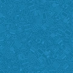 Online education icons in seamless pattern, vector illustration. Wrapping paper with emblems and pictogram in line style. Background for school, college, university. Distance education, online course