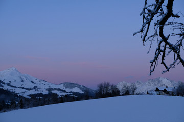 Winter landscape  snow capped Kitzbueheler Horn and Karstein Austrian Alps during morning twilight. Bright red pink sky but dark grey ground. Snow covered leafless branches foreground.