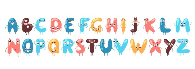 Funny font, vector illustration. Letters cartoon characters with smiling faces, English alphabet. Typographic font for children, funny colorful typeset, cute letters in cartoon style. Text for kids