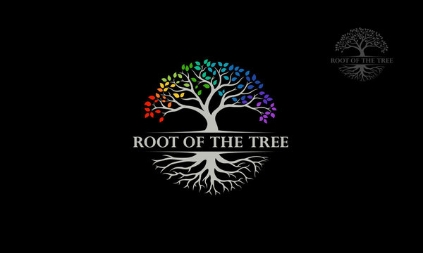 Root Of The Tree Rainbow - vector logo illustration. This logo symbolize a protection, peace,tranquility, growth, and care or concern to development on black background.