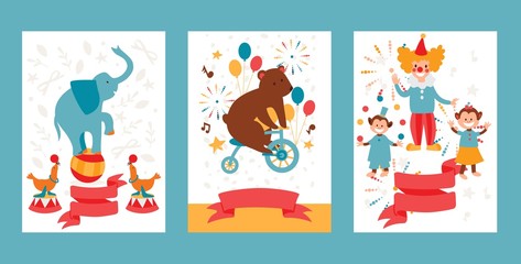 Circus show with trained animals, invitation banner template, cartoon flat style vector illustration. Entertainment circus performance ticket, holiday festival announcement, trained animals and clowns