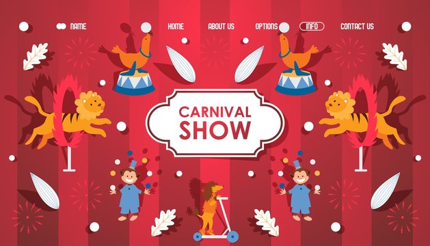 Circus Carnival Show With Trained Animals Performing Stunts, Simple Icons For Website Vector Illustration. Landing Page Template, Welcome To Circus Entertainment Performance With Animals, Lion, Monkey