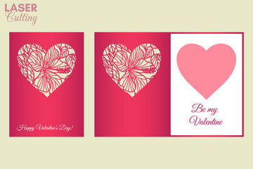 Laser cut fold card template with heart patterned of hibiscus flowers and leaves. Tropical patterned template for brochures, wedding invitations or Valentine's Day greeting card. © raynv