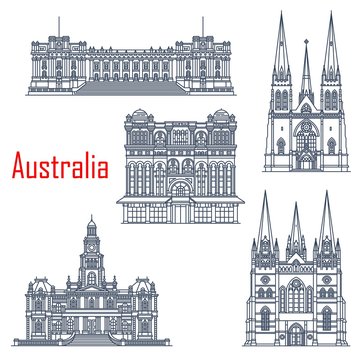 Australian famous building landmarks, architecture. Vector Parliament Melbourne, Saint Patricks and Pauls Cathedrals, Queen Victoria Palace, Sydney Town Hall. Australian travel landmarks