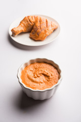 Homemade Tandoori Paste or Marinade mixture, in a bowl. used for grilled chicken or Paneer or vegetable. selective focus