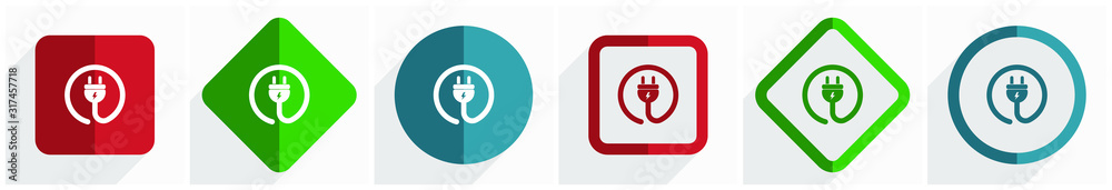 Poster plug power icon set, flat design vector illustration in 6 options for webdesign and mobile applicati