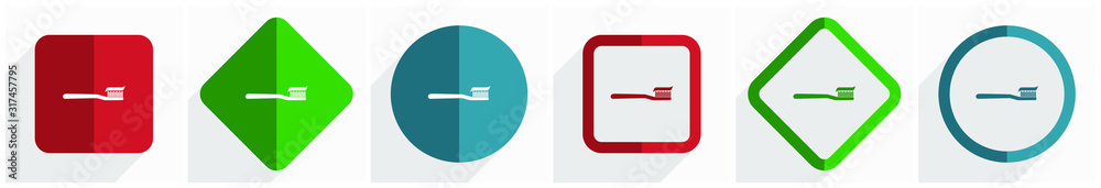 Poster toothbrush icon set, flat design vector illustration in 6 options for webdesign and mobile applicati