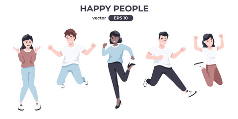 Happy people. Men and women jumping and dancing. Cute cartoon characters. Couples in love. Business success template. Jump, smile and laugh. Simple modern design. Flat style vector illustration.