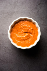 Homemade Tandoori Paste or Marinade mixture, in a bowl. used for grilled chicken or Paneer or vegetable. selective focus