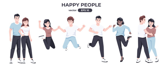 Happy people. Men and women jumping and dancing. Cute cartoon characters. Couples in love. Business success template. Jump, smile and laugh. Simple modern design. Flat style vector illustration.