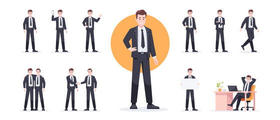 Businessman set isolated. Man in the workplace. Office worker in suit. Cartoon people in different poses and actions. Cute male character for animation. Simple design. Flat style vector illustration.