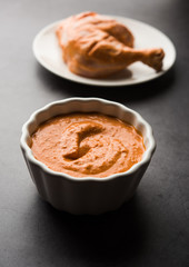 Homemade Tandoori Paste or Marinade mixture, in a bowl. used for grilled chicken or Paneer or vegetable. selective focus