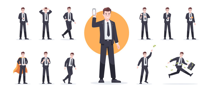 Businessman Set Isolated. Man In The Workplace. Office Worker In Suit. Cartoon People In Different Poses And Actions. Cute Male Character For Animation. Simple Design. Flat Style Vector Illustration.