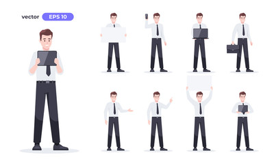 Man with gadgets, devices set isolated. Showing phone, tablet, laptop. Businessman in suit. Cartoon people. Cute male character for presentation template. Flat style vector illustration.