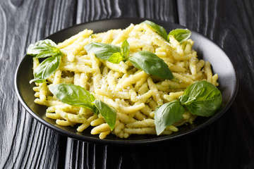 Ligurian trofie pasta cooked with basil pesto and parmesan cheese close-up in a plate. Horizontal