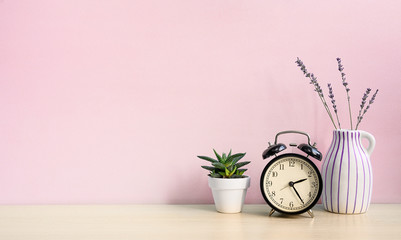 Alarm clock and home plant on the desk on a pink wall background. Copy space