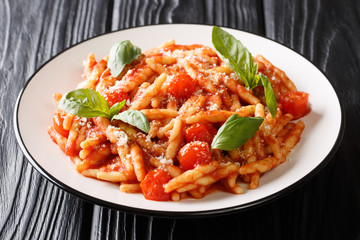 Italian traditional food trofie cooked with tomato sauce, parmesan and basil close-up in a plate. horizontal