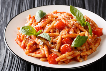 Pasta trofie recipe with tomato sauce, parmesan and basil close-up in a plate. horizontal