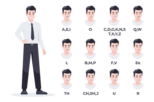 Human mouth set. Man, businessman lip sync collection for animation and sound pronunciation. Character face elements. Emotions, smiling. Simple cartoon design. Flat style vector illustration.