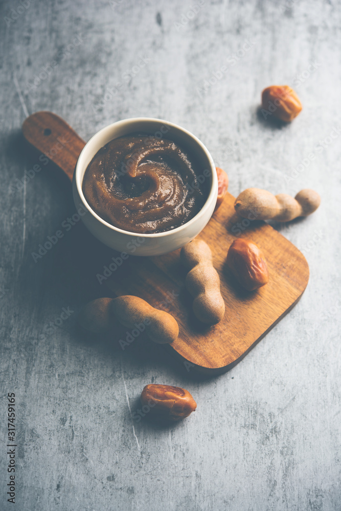 Poster Dates Tamarind Chutney - Khajoor crushed to paste and mixed with Imli or imalee paste, served as a side dish in India