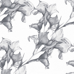 Gladiolus flowers on a watercolor background. Abstract wallpaper with floral motifs. Seamless pattern.  Use printed materials, signboards, posters, postcards, packaging.