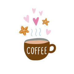 Coffee cup vector illustration drawing on white background. Cafe decoration poster with hot drink and cute elements