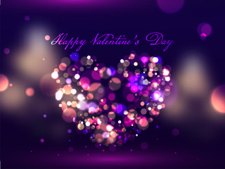 Happy Valentine's Day Font with Colorful Bokeh Lights in Heart Shape on Purple Background.