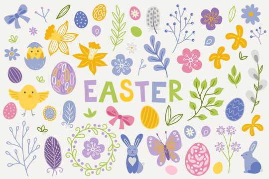 Easter design elements - bunny, chicken, narcissus, flower, leaves, feather, bow