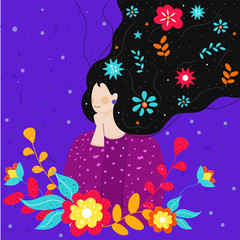 Cartoon Woman Long Hair Flowing with Colorful Flowers and Leaves on Purple Background.