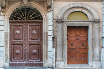 two old wooden doors trimmed with metal decorations from different cities of Europe