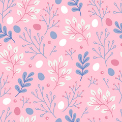 Fototapeta na wymiar Easter seamless pattern with branches, berries, eggs and leaves