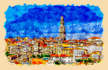 Old town Porto with tower Clerigos (Torre dos Clerigos) view with colorful houses, Portugal. Aquarelle (watercolor) sketch. Concept design greeting card, banner or poster for decoration interior.
