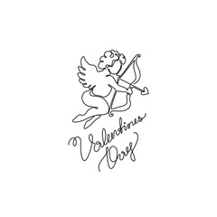Cupid and the inscription Valentine's Day, greeting card, print for clothes and logo design, t-shirt, emblem or logo design, continuous line drawing. Isolated vector illustration.