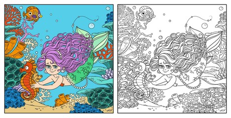 Beautiful little mermaid girl swimming with sea horse in the hands on underwater world with corals, anemones and fish background color and outlined