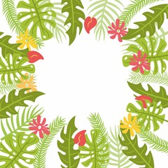 Fototapeta na wymiar Jungle border frame with tropical green leaves and pink flowers. Greeting card on white background.
