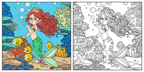 Foto auf Acrylglas Meerjungfrau Beautiful mermaid girl sends an kiss underwater world with corals and fishes background color and outlined  © Azuzl