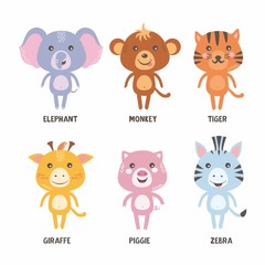 Vector set with beautiful animals. Funny character collections. Elephant, monkey, tiger, giraffe, pig, zebra. Simple and cute style.