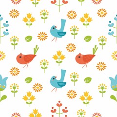 Cute spring seamless pattern with birds, flowers, leaves