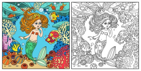 Cartoon little mermaid girl amazement communicates with the fish on underwater world frame with corals, fish and anemones background color and outlined