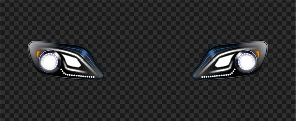 Headlight Lamp Car With Glowing Effect Vector. Front Automobile Headlight Device With Round Main Xenon Light And Led Frame, Modern Style Exterior Detail. Concept Template Realistic 3d Illustration © PikePicture