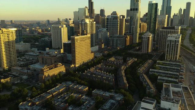 Aerial, Beautiful South Loop Chicago Neighborhood on Warm Summer Morning